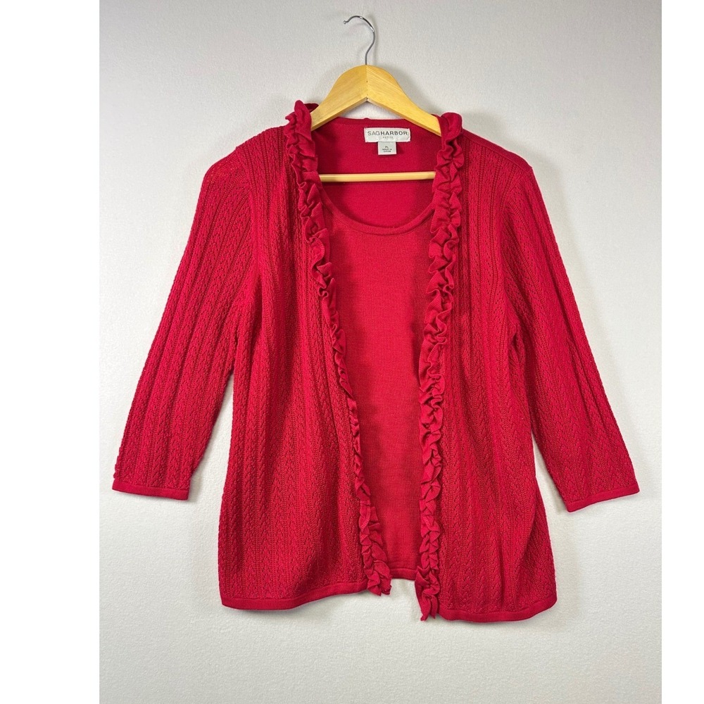 Sag Harbor Cardigan Tank Twin Set Womens PL Red Ruffle Pointelle Knit Petite